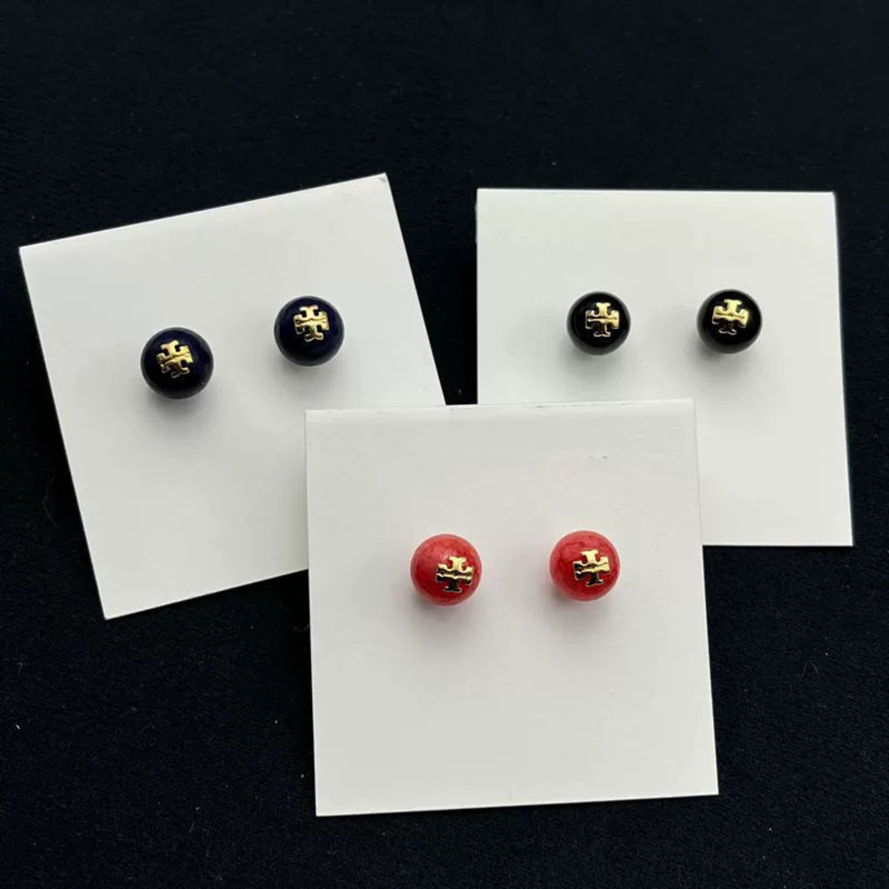 Tory Burch Pair of Gold Plated Copper Round Stud Earrings with Colorful Stones